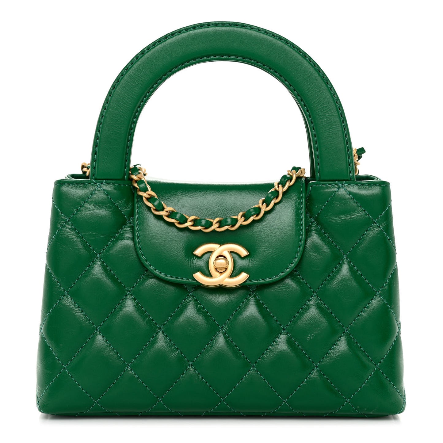 Shiny Aged Calfskin Quilted Nano Kelly Shopper Green