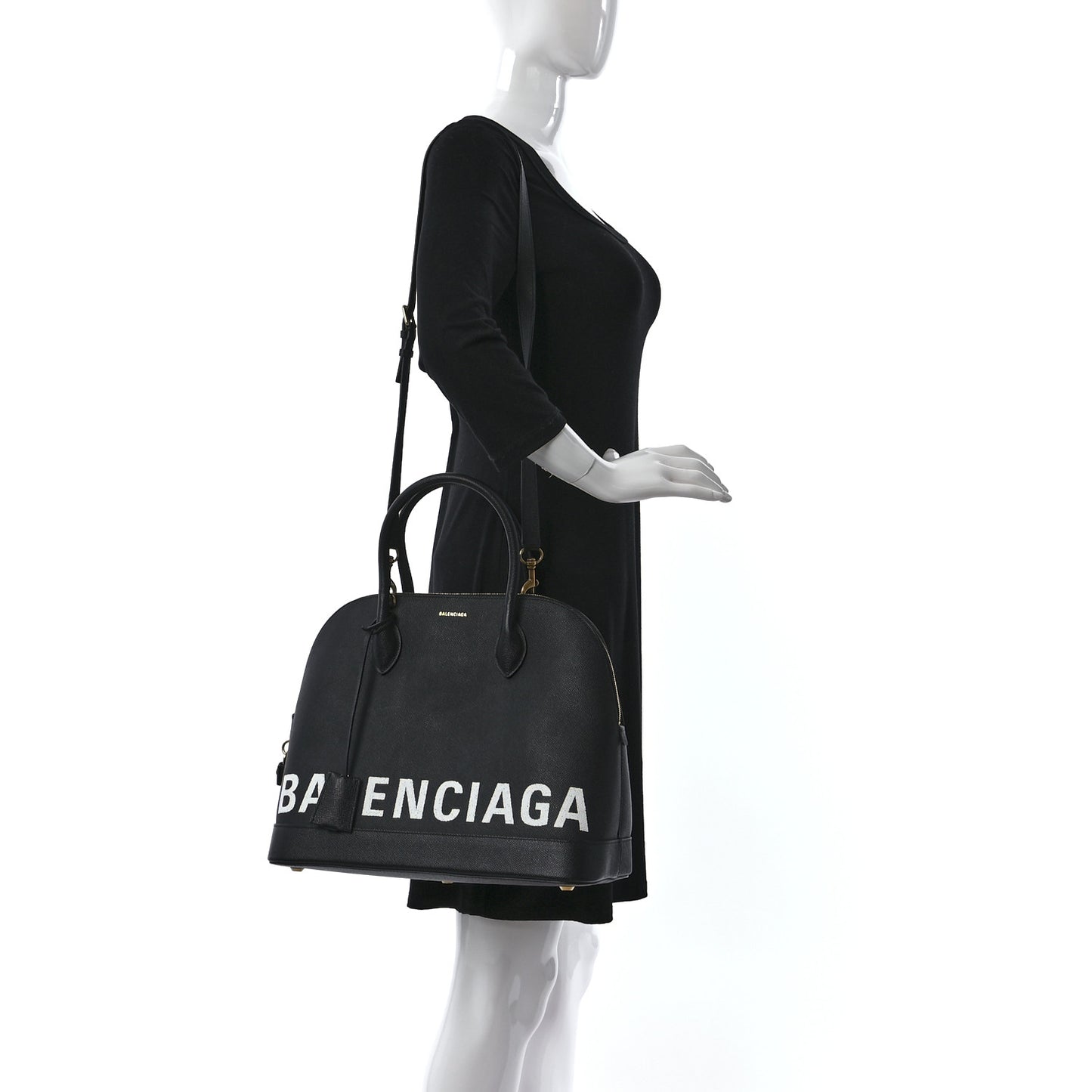 Signature Grained Calfskin Logo M Ville Top Handle Bag Black