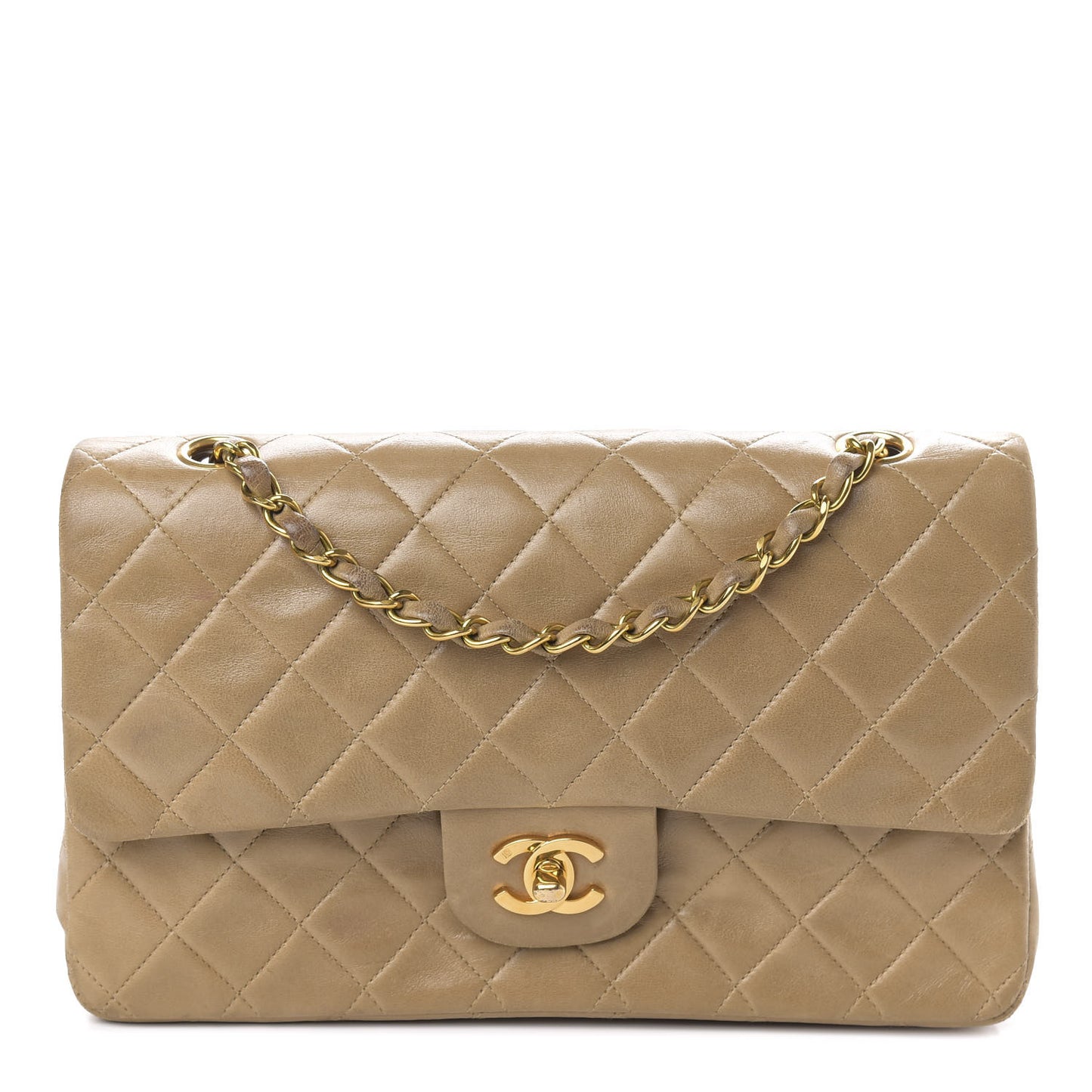 Lambskin Quilted Medium Double Flap Beige