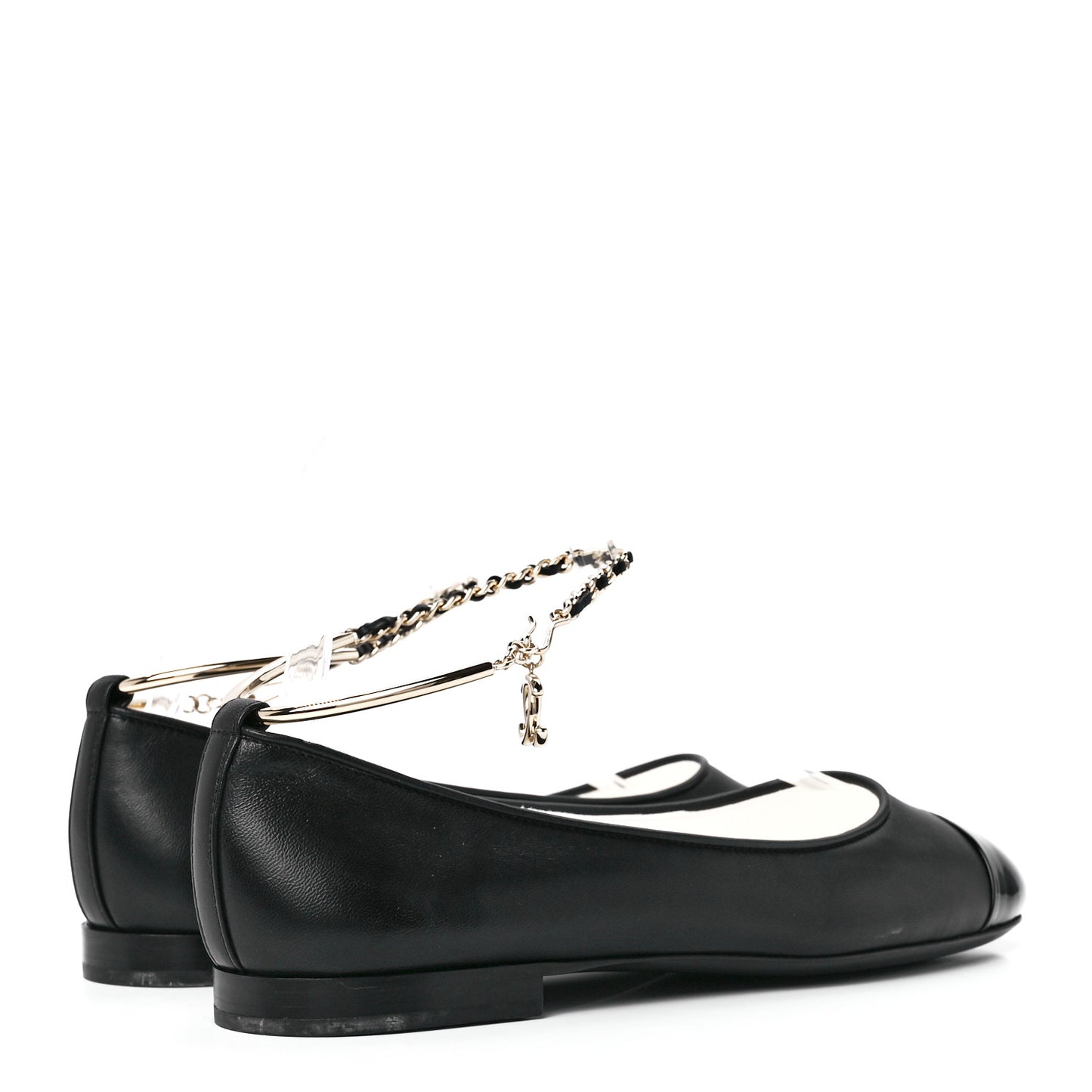 Lambskin Patent Calfskin Cap Toe Ankle Chain Ballerina Flats 38 Black