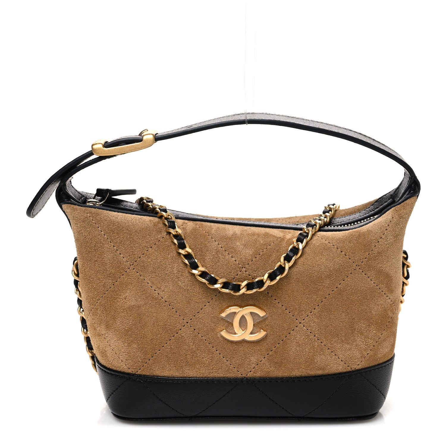 Chanel Suede Calfskin Shiny Lambskin Quilted Coco Base Hobo Clutch With Chain Beige Black 1 of 10