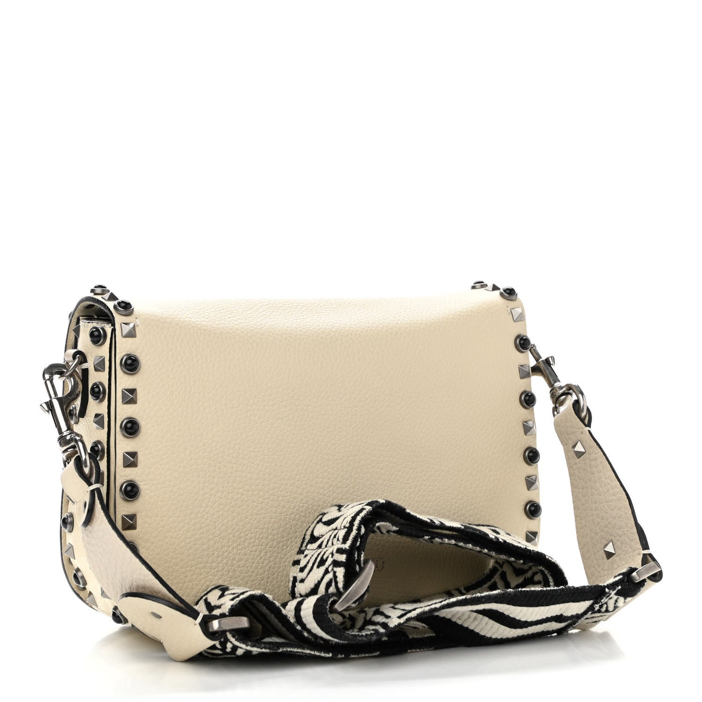 Pebbled Calfskin Onyx Medium Guitar Strap Rockstud Rolling Flap Saddle Bag Ivory