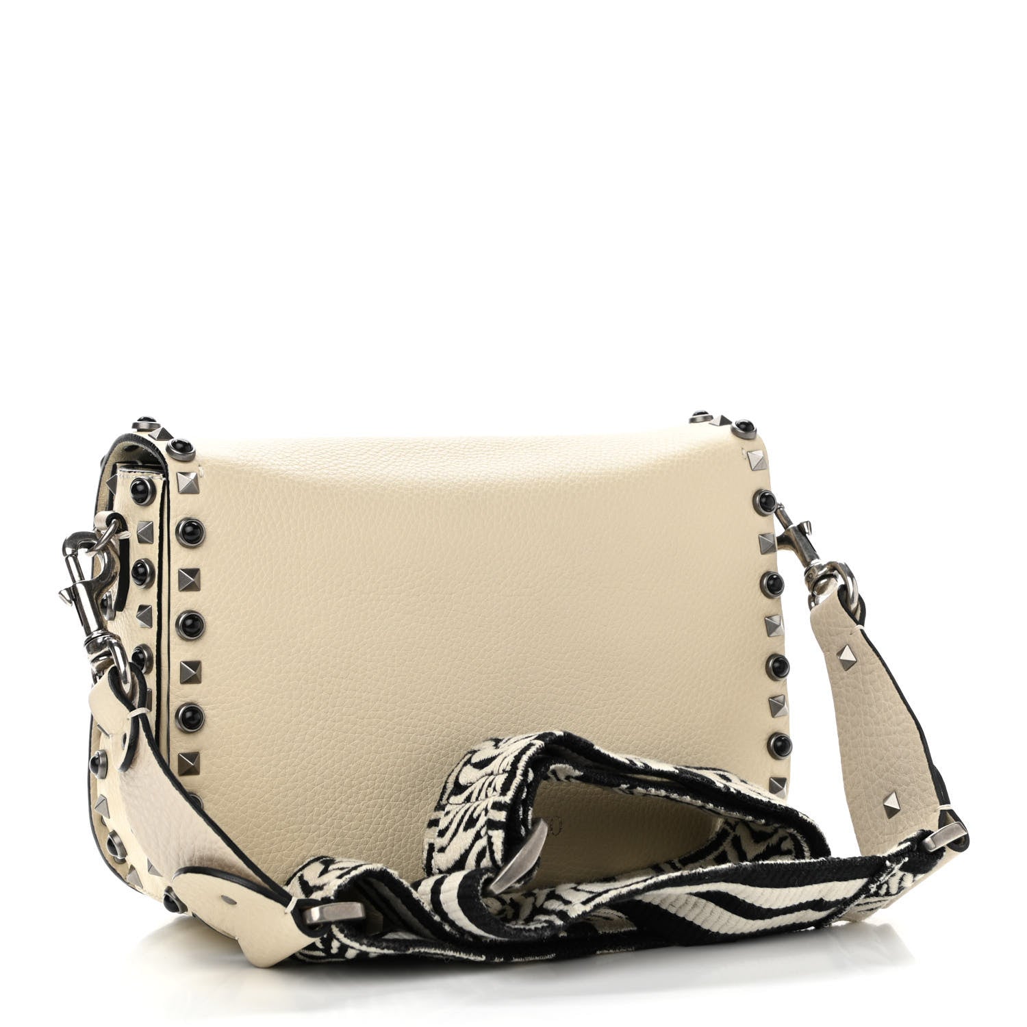 Valentino Garavani Pebbled Calfskin Onyx Medium Guitar Strap Rockstud Rolling Flap Saddle Bag Ivory 2 of 14