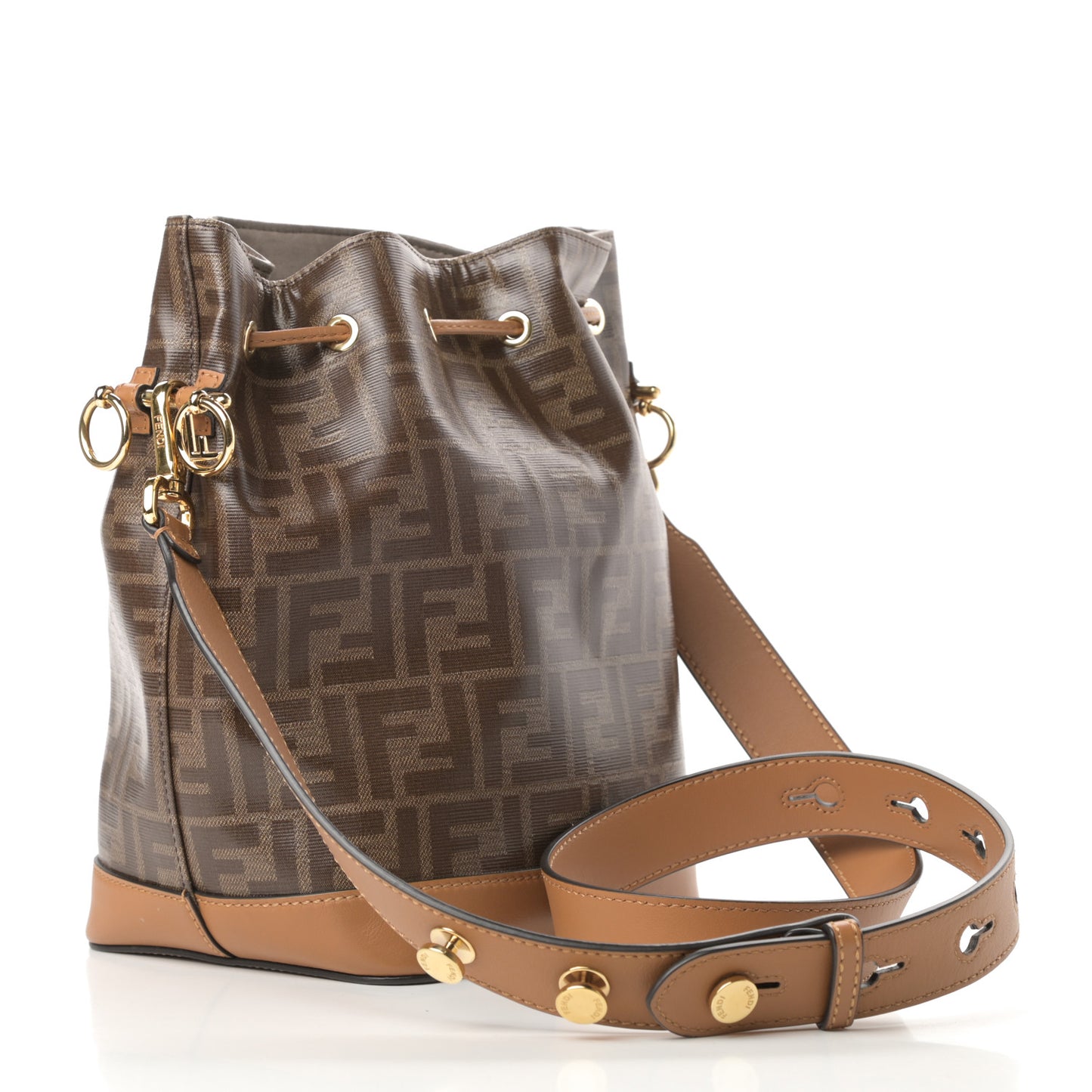 Glazed Fabric Vitello Grace F is Fendi FF 1974 Stamp Patch Grande Mon Tresor Bucket Bag Mogano Panna Nocciola