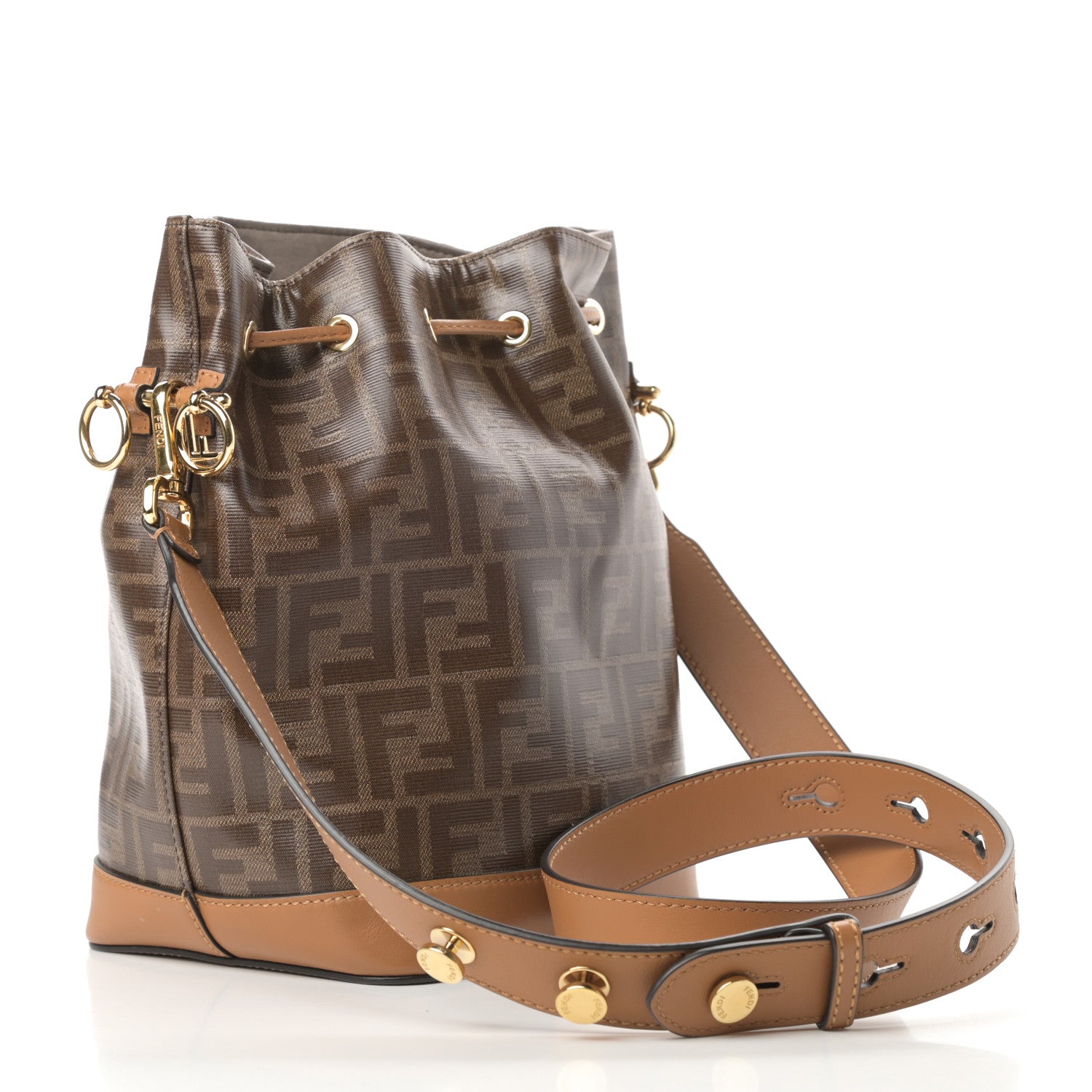 Fendi Glazed Fabric Vitello Grace F is Fendi FF 1974 Stamp Patch Grande Mon Tresor Bucket Bag Mogano Panna Nocciola 3 of 11
