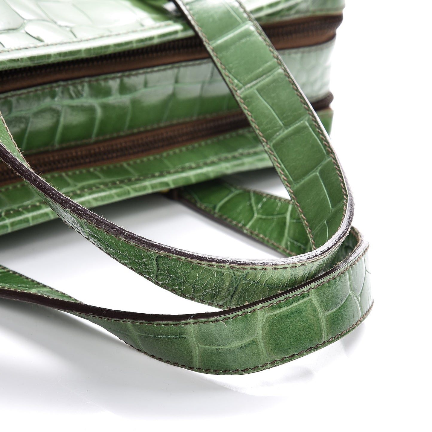Shiny Calfskin Crocodile Embossed Double Zip Bauletto Larice