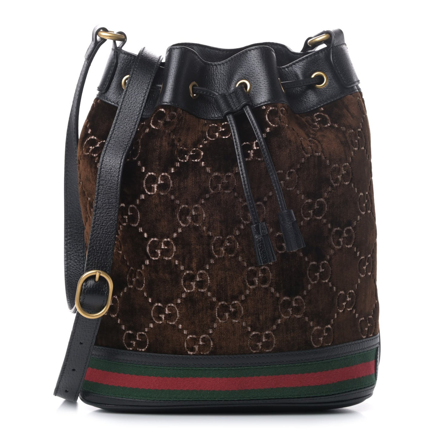 Velvet GG Monogram Textured Calfskin Web Bucket Bag Brown Black