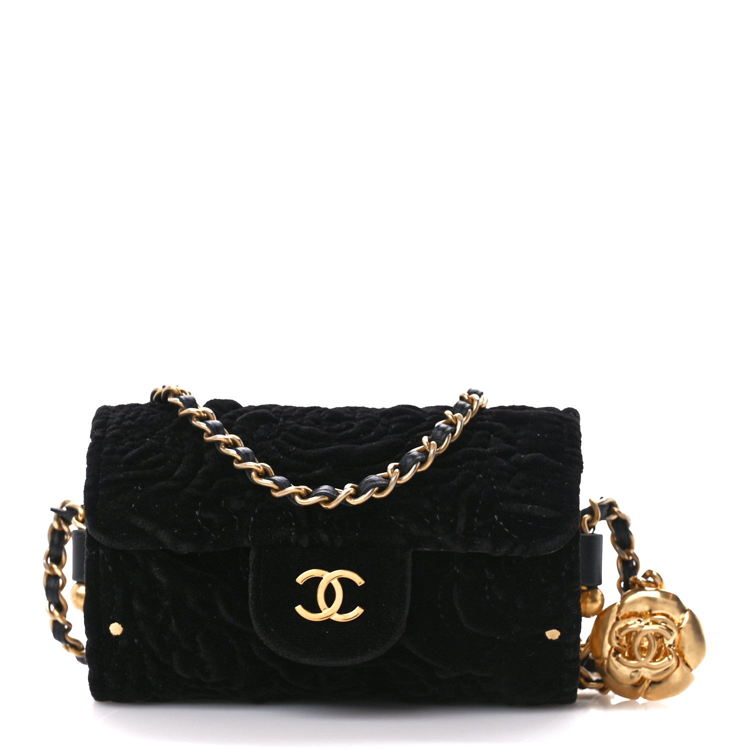 Chanel Velvet Camellia Embossed Jewel Belt Card Holder With Chain Black 1 of 10