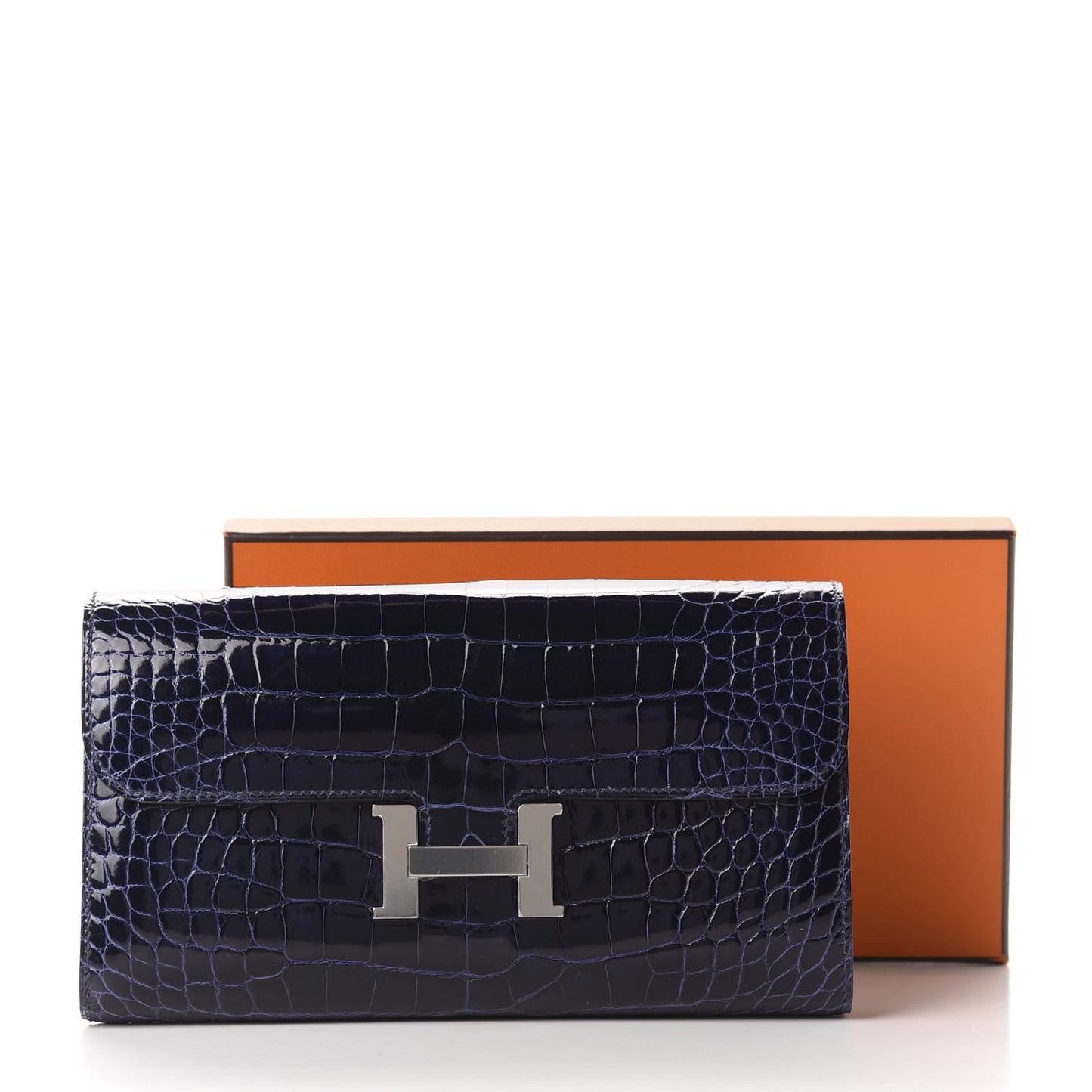 Shiny Alligator Constance Long Wallet Bleu Encre