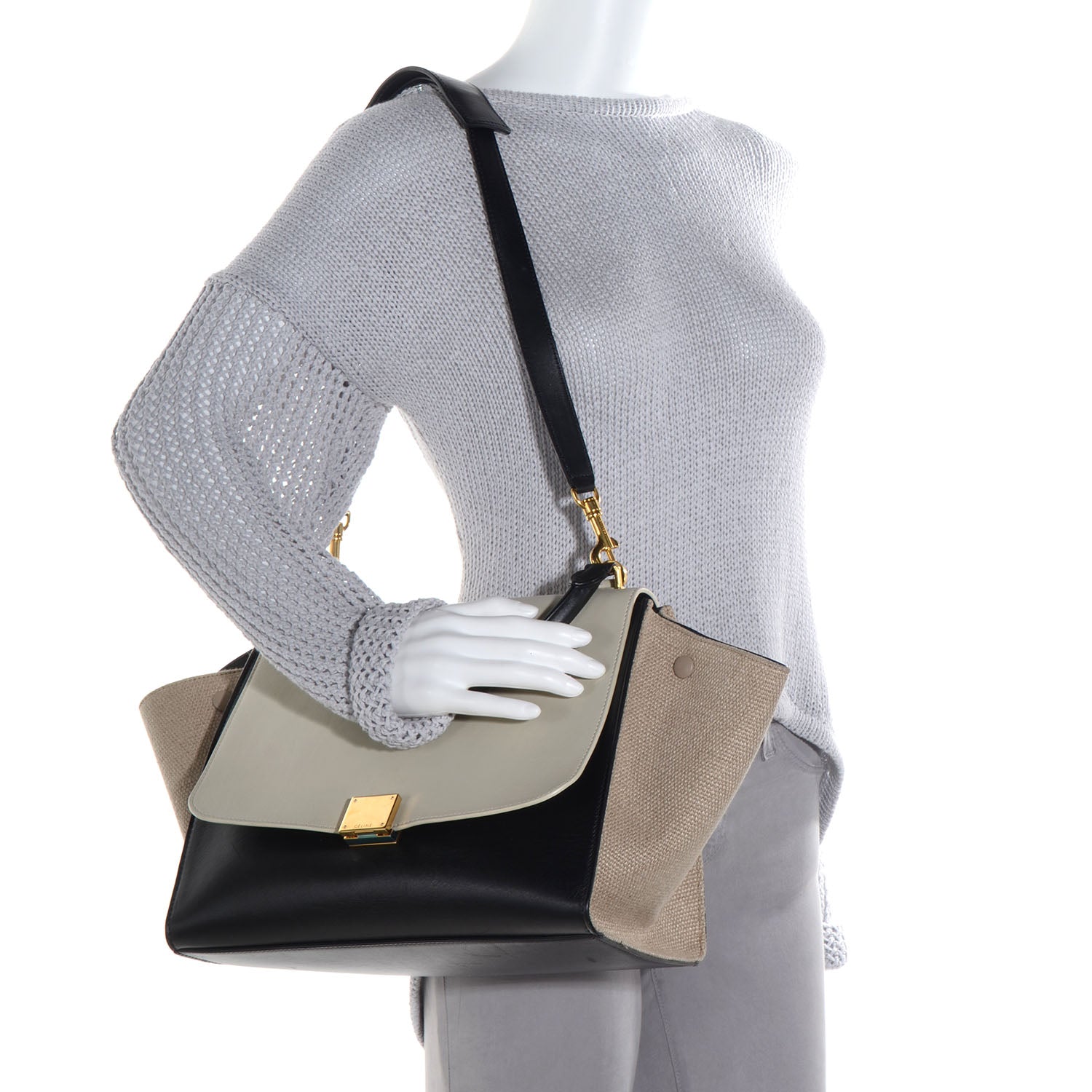 Celine Smooth Calfskin Canvas Medium Tri-Color Trapeze Cream 2 of 9