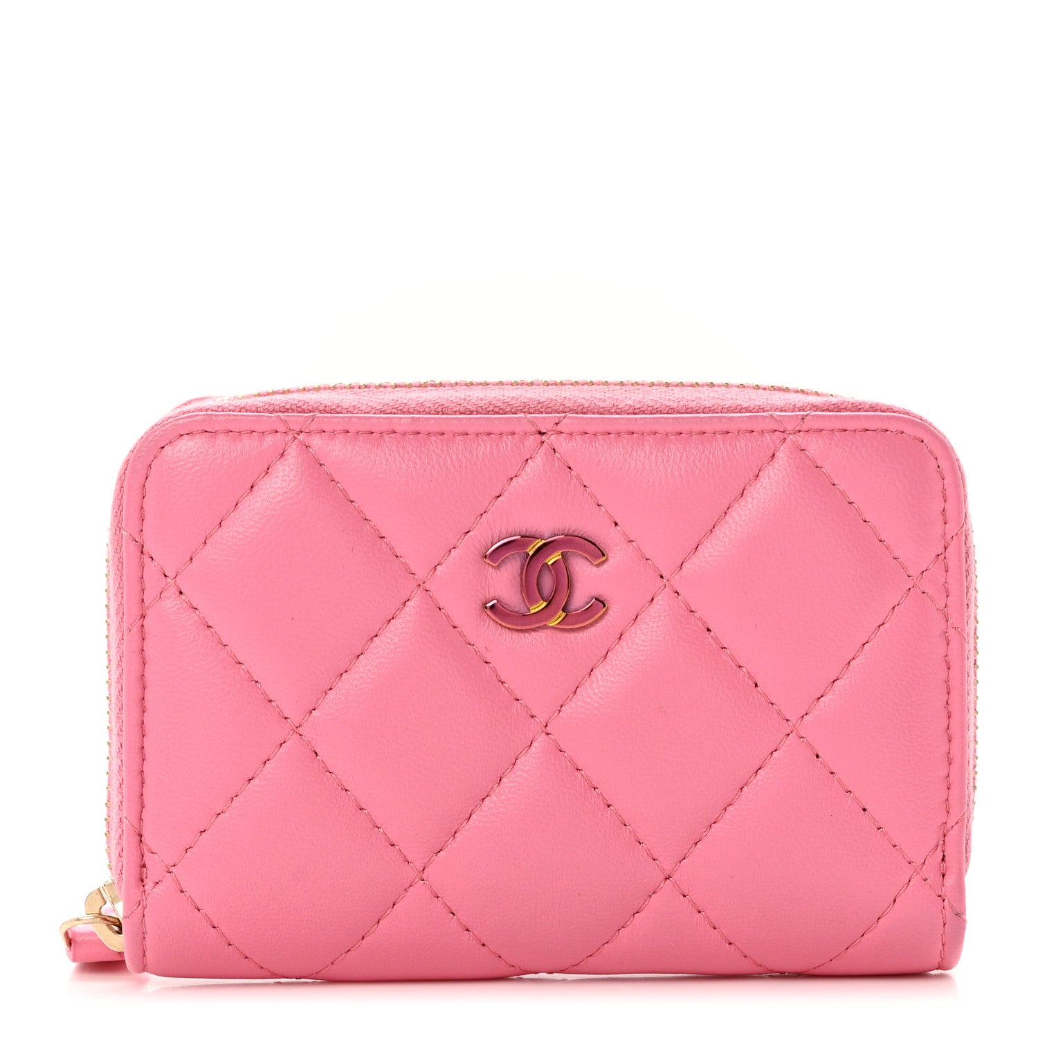 Chanel Lambskin Quilted Zip Around Coin Purse Wallet Pink Yellow 1 of 7