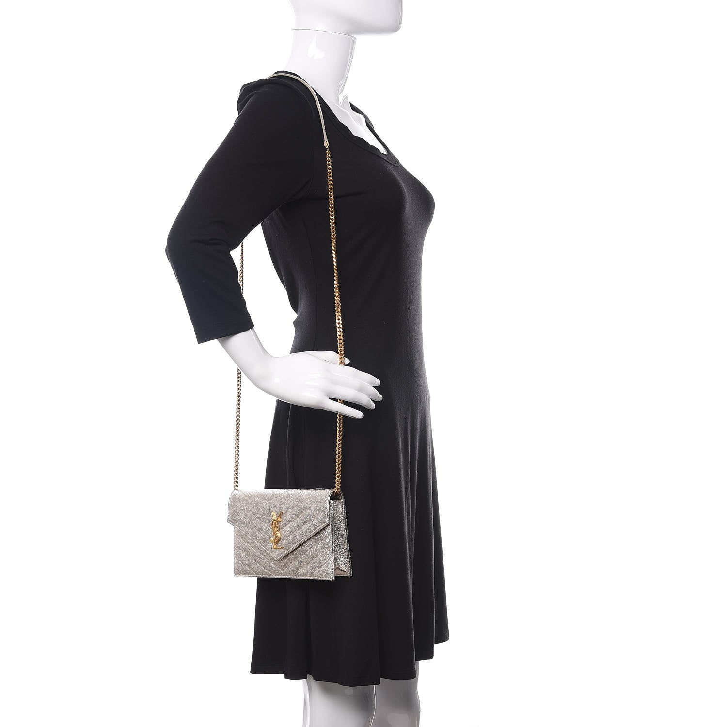 Saint Laurent Metallic Grain De Poudre Matelasse Chevron Monogram Chain Wallet Gold 2 of 9