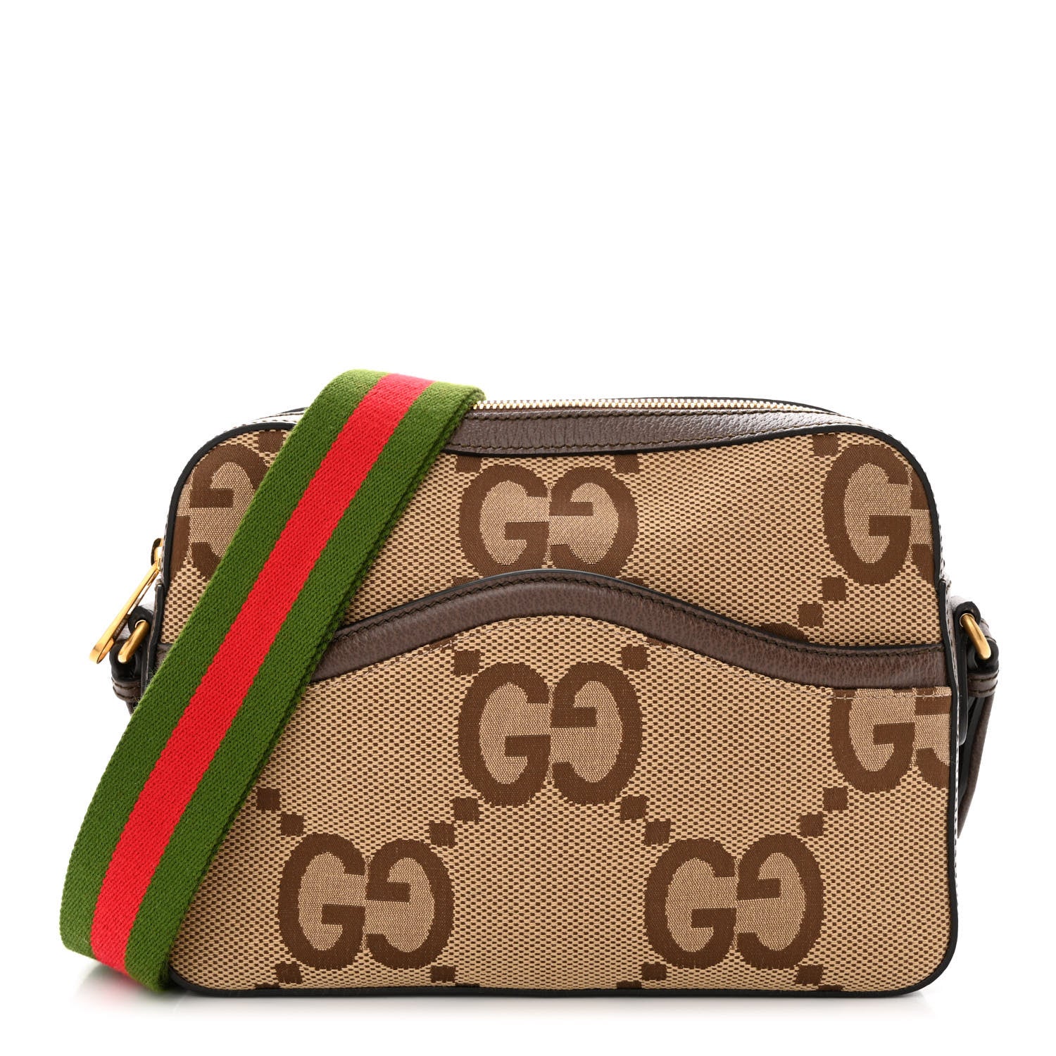 Gucci Monogram Jumbo GG Textured Dollar Calfskin Web Messenger Shoulder Bag Camel Ebony New Acero 1 of 10