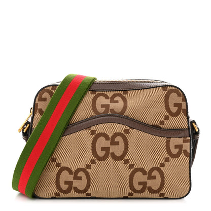 Gucci Monogram Jumbo GG Textured Dollar Calfskin Web Messenger Shoulder Bag Camel Ebony New Acero 1 of 10