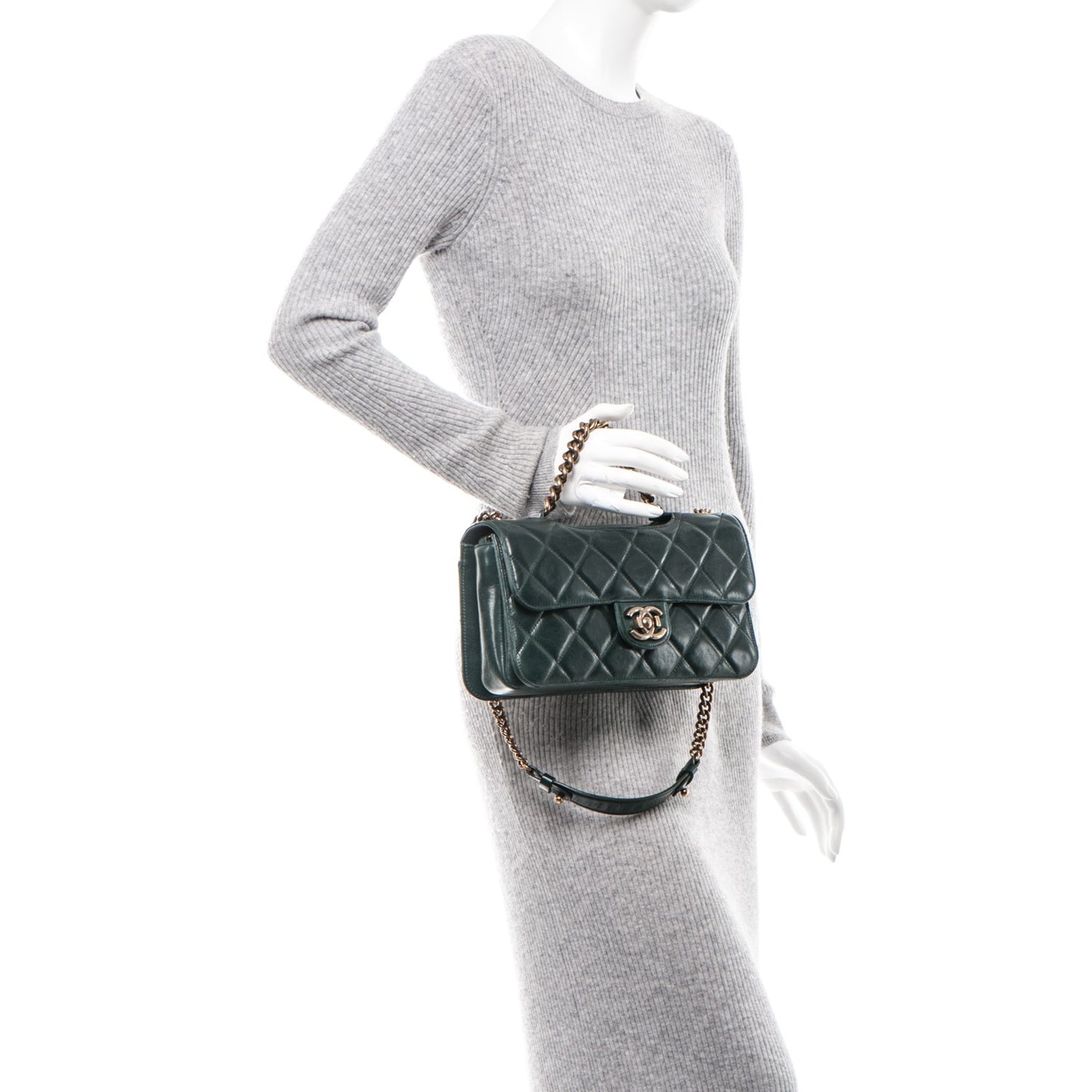 Glazed Calfskin Quilted Medium Perfect Edge Flap Dark Green