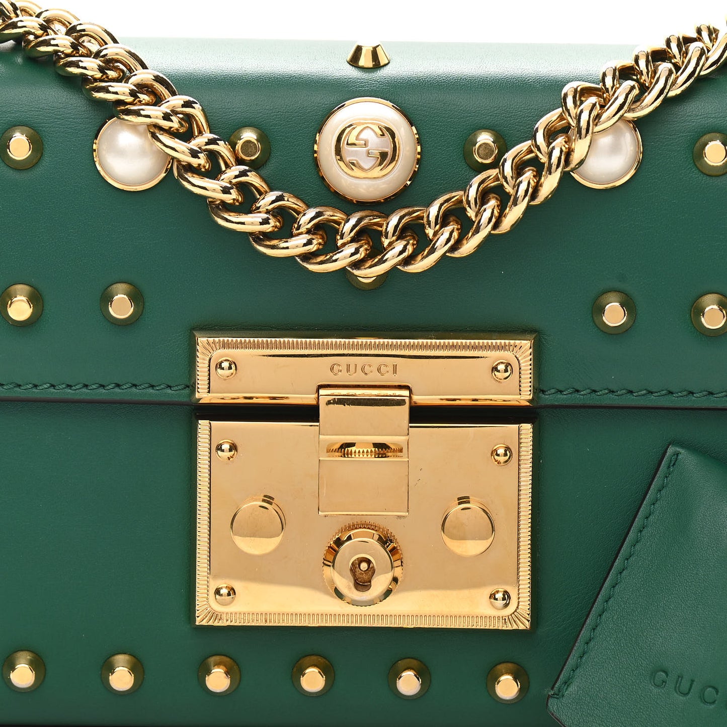 Calfskin Studded Small Padlock Shoulder Bag Emerald