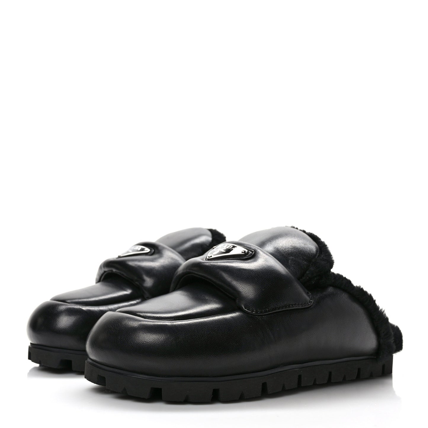 Nappa Shearling Soft Padded Metal Triangle Logo Lug Sole 20mm Mules 37 Black