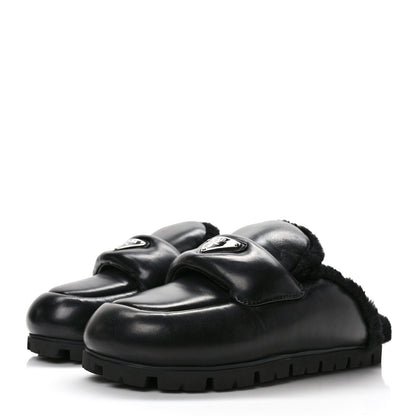 Prada Nappa Shearling Soft Padded Metal Triangle Logo Lug Sole 20mm Mules 37 Black 3 of 7