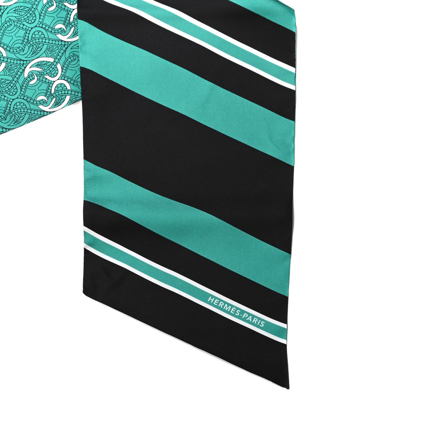 Hermes Silk Cachemire Et Rayure Maxi Twilly Cut Vert Black White 4 of 4