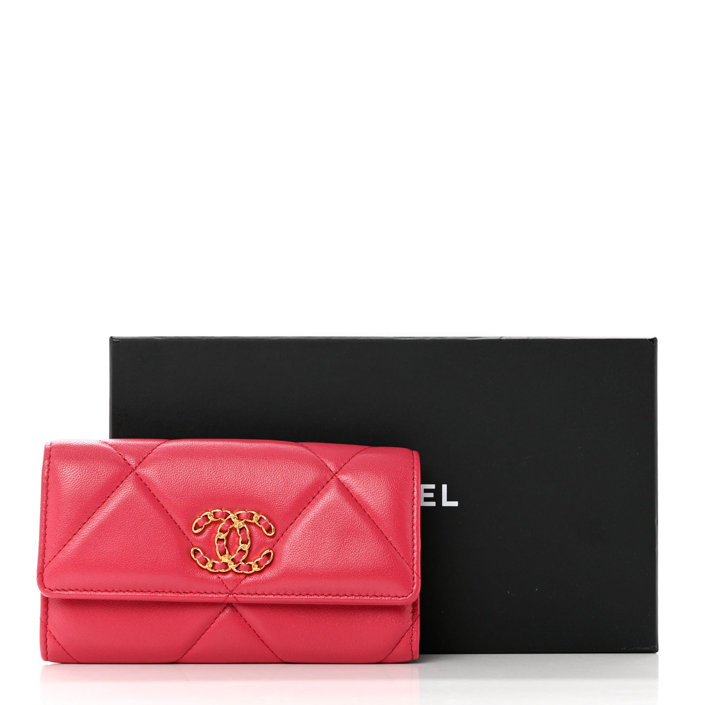 Shiny Goatskin Quilted Chanel 19 Flap Wallet Dark Pink