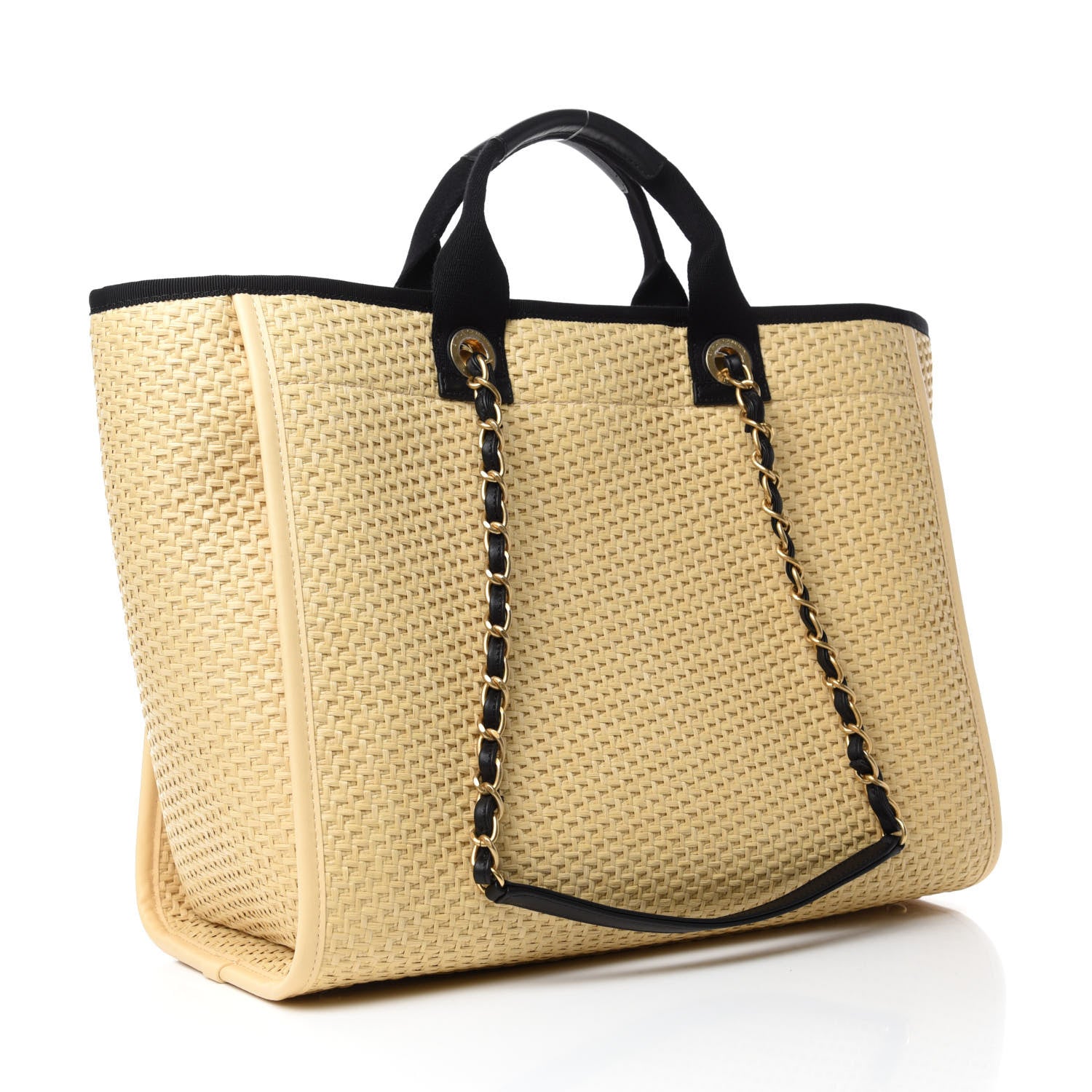 Chanel Straw Raffia Calfskin Chain Medium Deauville Tote Beige Black 3 of 13