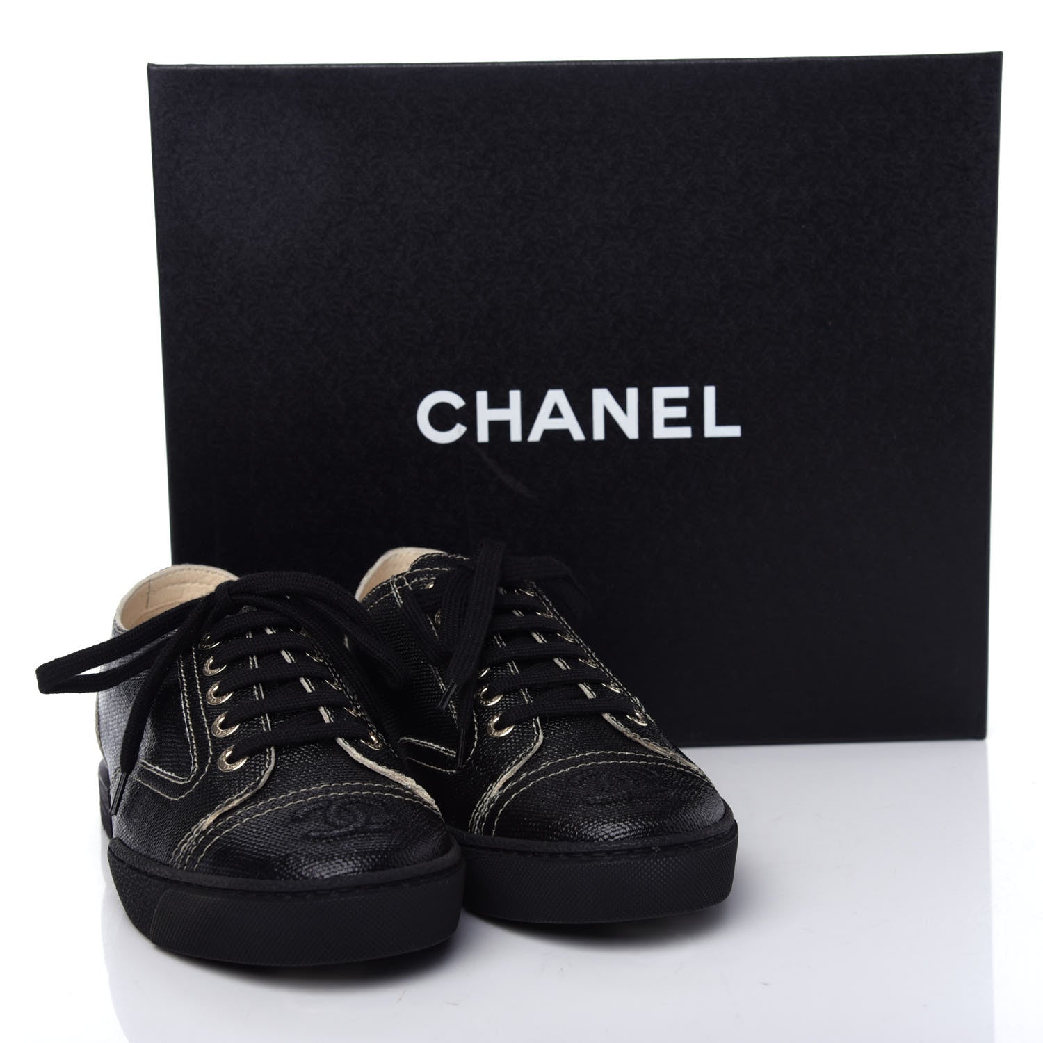 Chanel Coated Canvas Lace Up Cap Toe Sneakers 36 Black 10 of 10