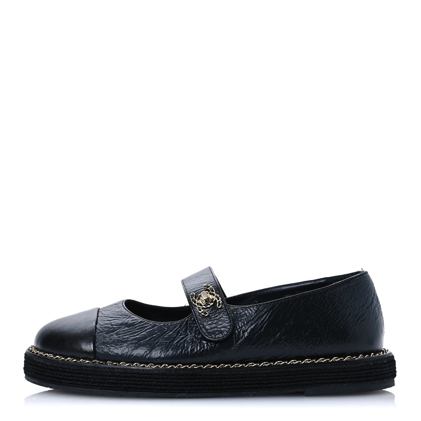 Crumpled Lambskin Cap Toe Chain CC Turnlock Mary Jane Flats 36 Black