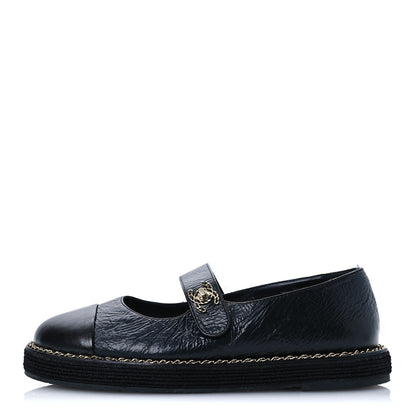 Chanel Crumpled Lambskin Cap Toe Chain CC Turnlock Mary Jane Flats 36 Black 1 of 16