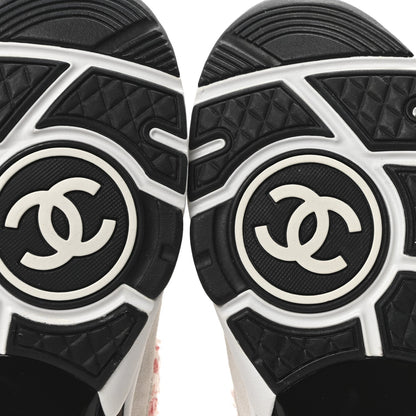 Chanel Tweed Suede Calfskin Womens CC Sneakers 40 Ecru Pink Red White 7 of 9