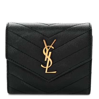 Saint Laurent Grain De Poudre Matelasse Chevron Monogram Compact Tri Fold Wallet Black 1 of 6