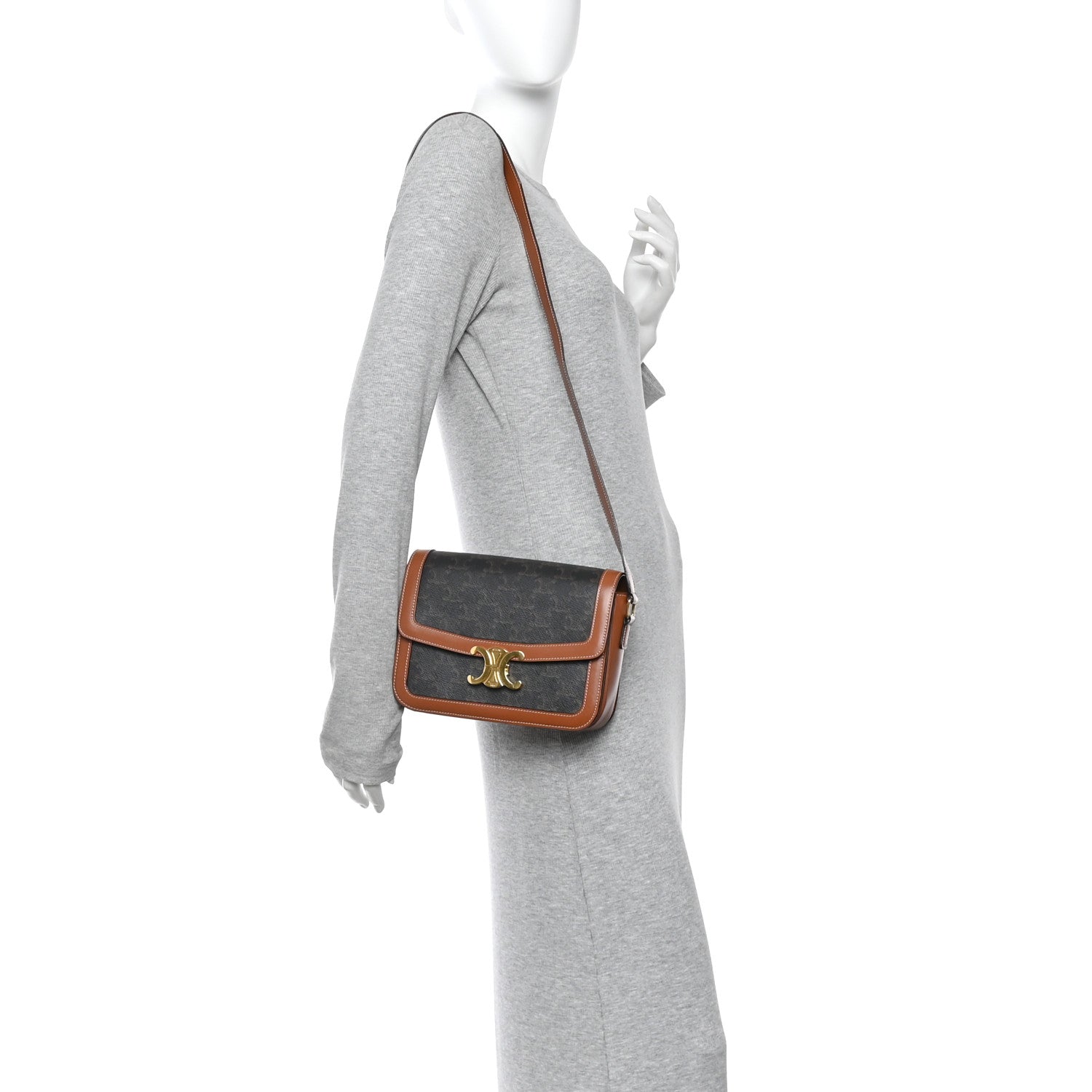 Celine Triomphe Canvas Calfskin Medium Triomphe Bag Tan 2 of 10