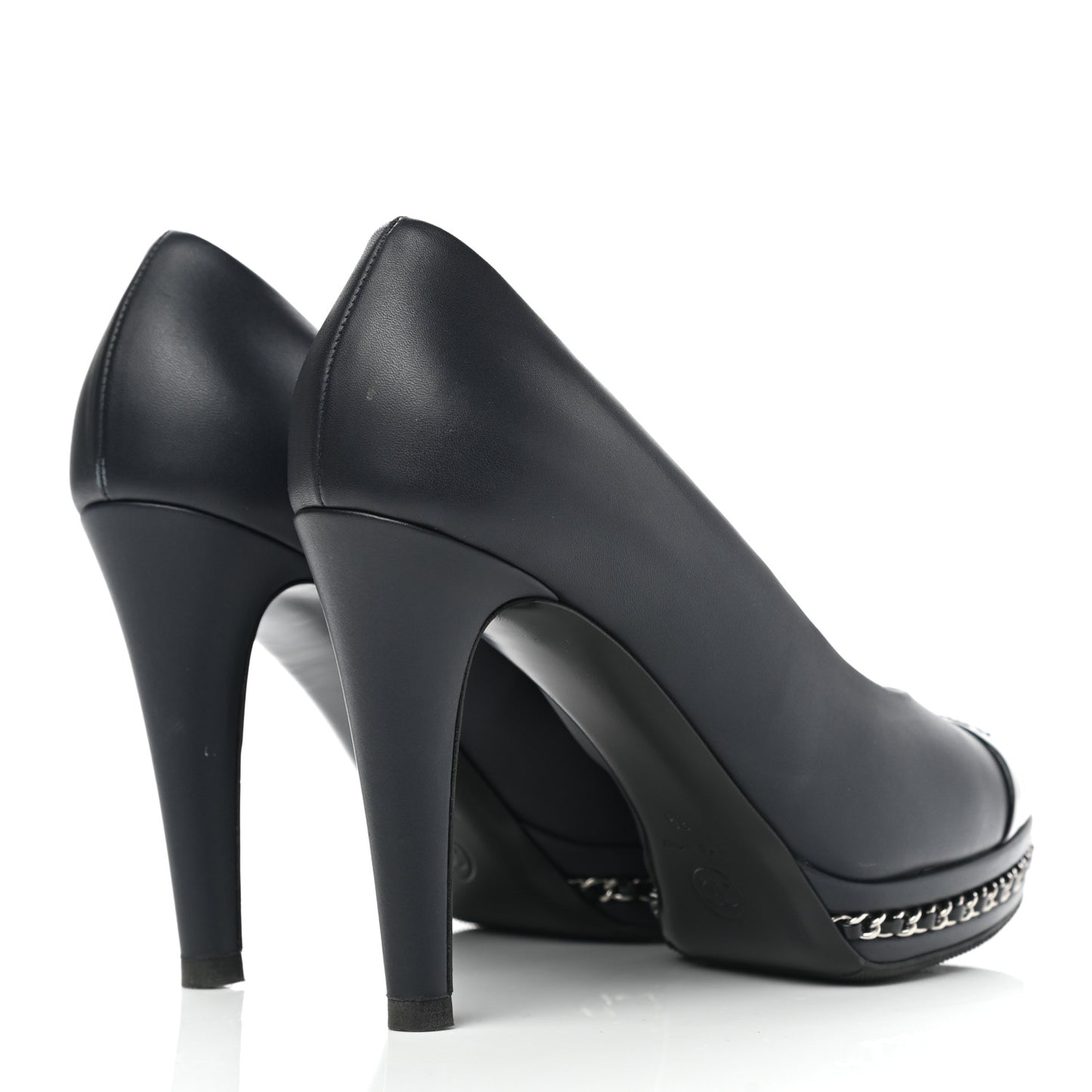 Calfskin Patent CC Cap Toe Platform Chain Pumps 39 Navy Black