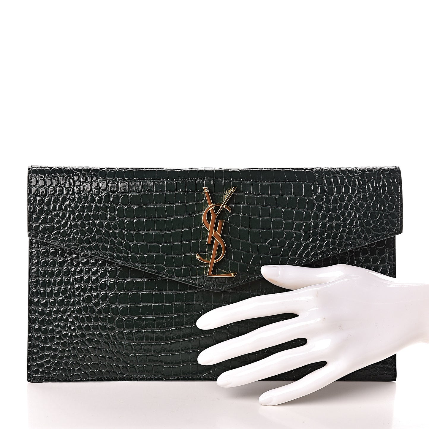 Calfskin Crocodile Embossed Uptown Monogram Clutch Dark Green
