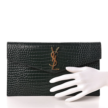Saint Laurent Calfskin Crocodile Embossed Uptown Monogram Clutch Dark Green 2 of 7