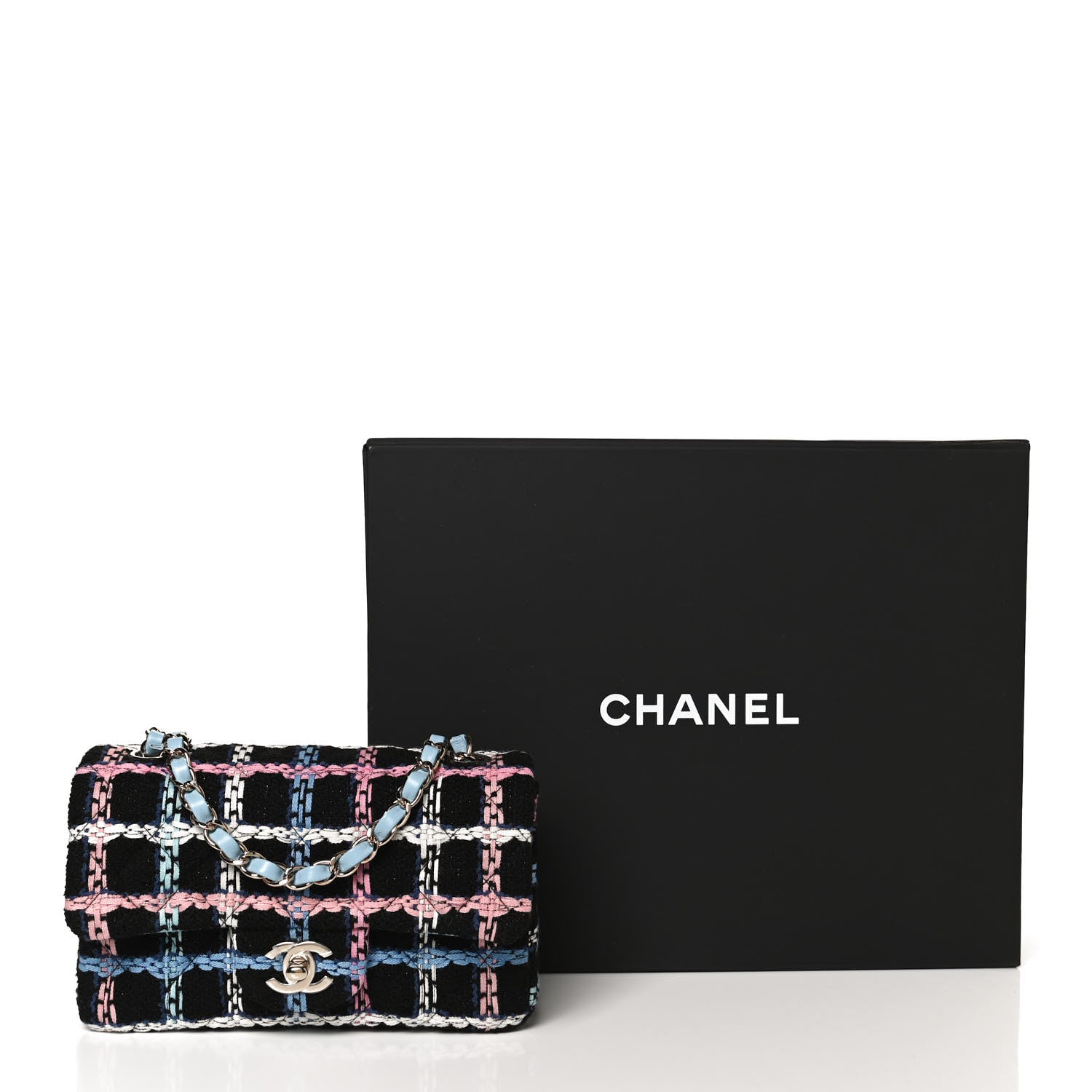 Chanel Tweed Quilted Mini Rectangular Flap Black Pink Blue Ecru 11 of 11