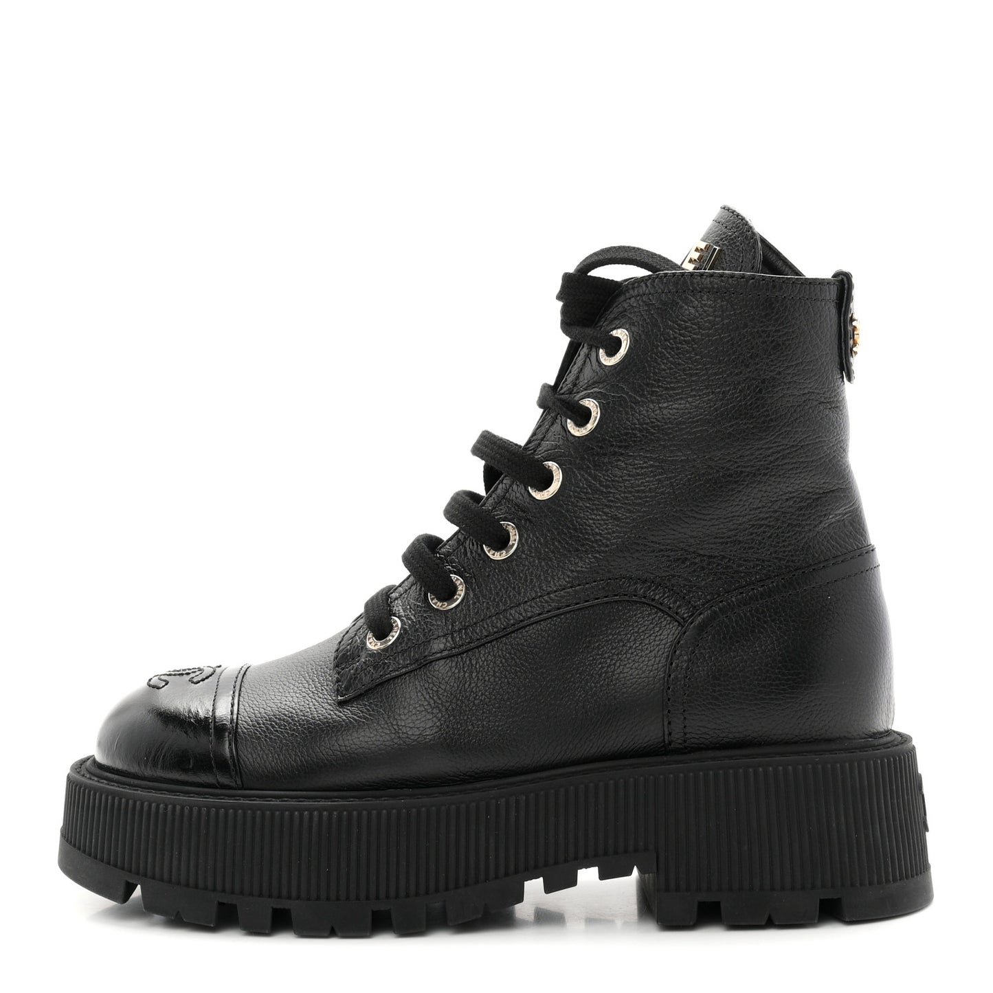 Grained Calfskin Shiny Calfskin CC Lace Up Combat Boots 36.5 Black