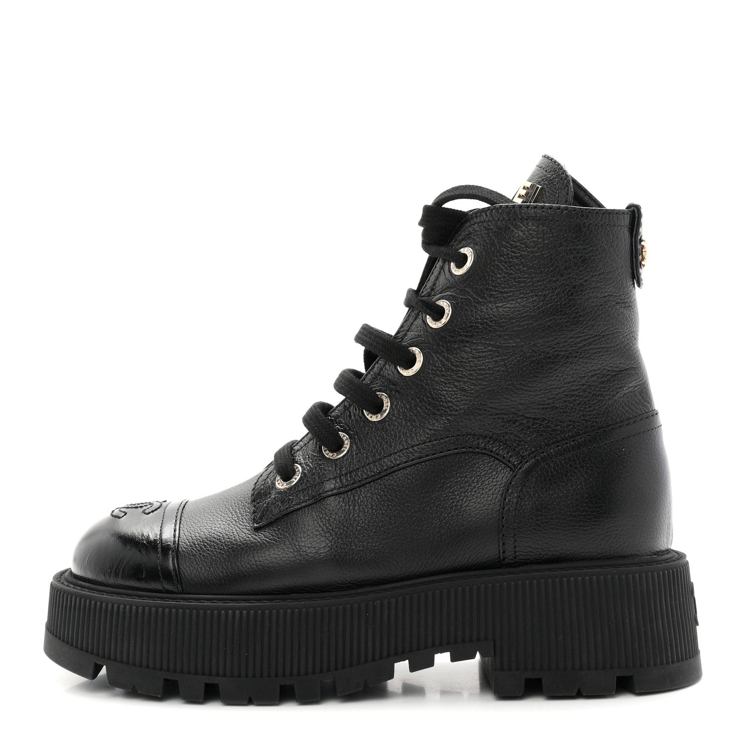 Chanel Grained Calfskin Shiny Calfskin CC Lace Up Combat Boots 36.5 Black 1 of 10