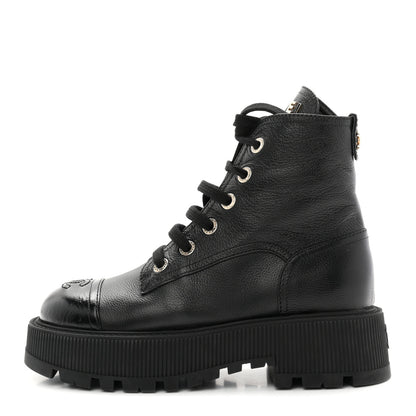 Chanel Grained Calfskin Shiny Calfskin CC Lace Up Combat Boots 36.5 Black 1 of 10