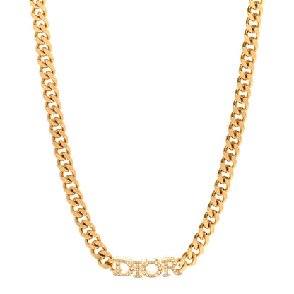 Christian Dior Metal Crystal Chain Logo Necklace Gold 1 of 6