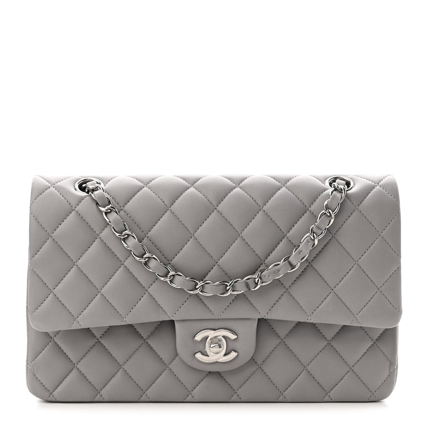 Lambskin Quilted Medium Double Flap Grey