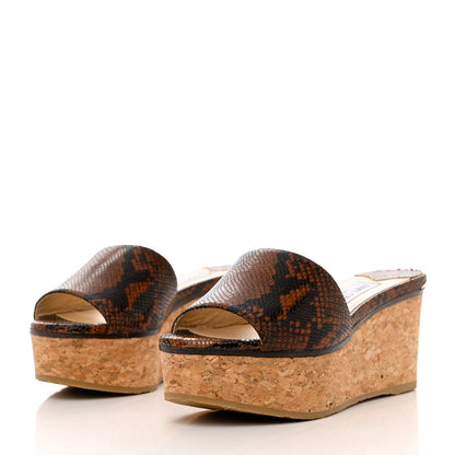 Jimmy Choo Calfskin Snakskin Embossed Cork DeeDee Platform Wedge Slide Sandals 36 Cuoio 3 of 9