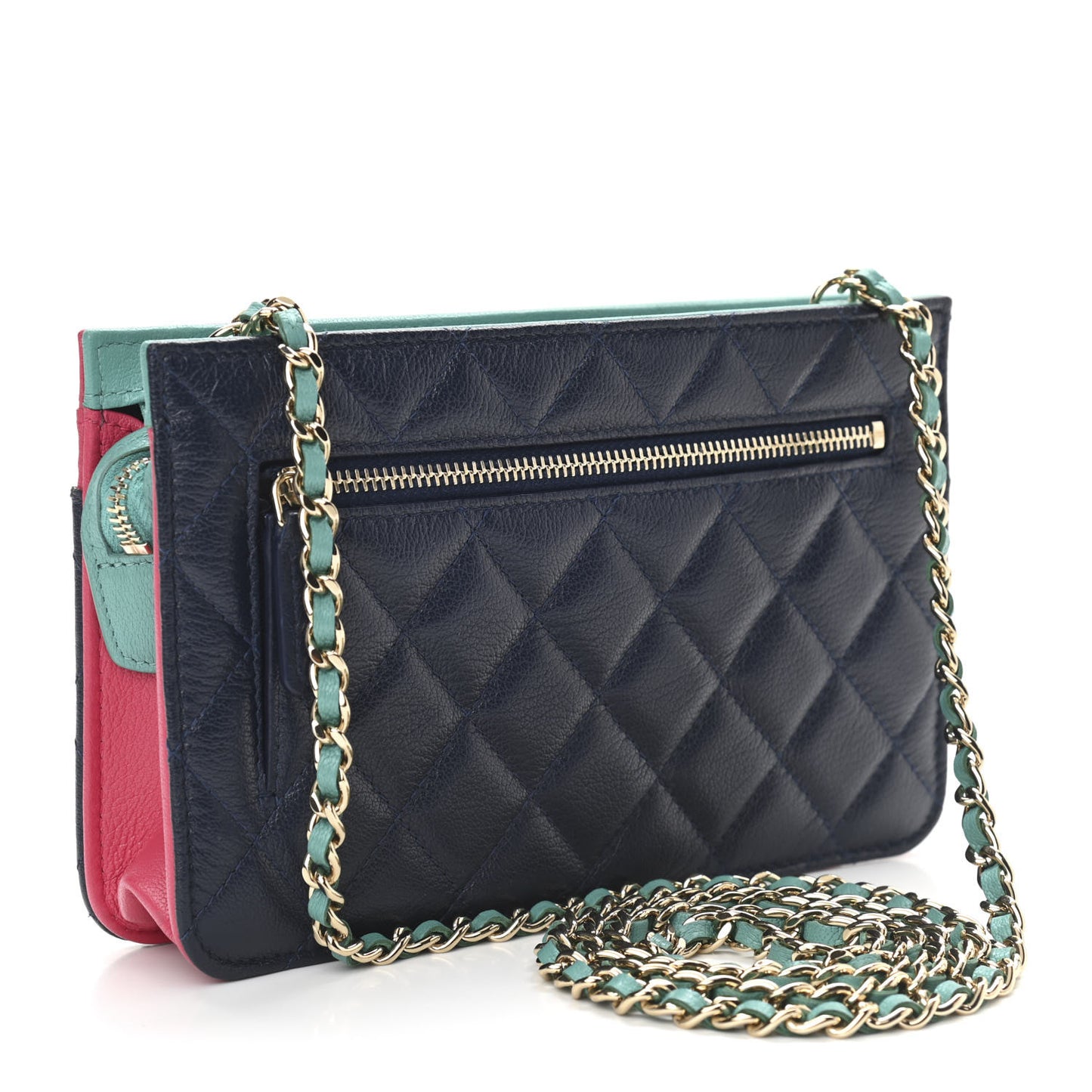 Goatskin Quilted Tri-Color In & Out Chain Wallet Navy Turquoise Pink