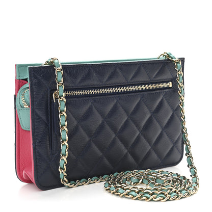 Chanel Goatskin Quilted Tri-Color In & Out Chain Wallet Navy Turquoise Pink 3 of 12