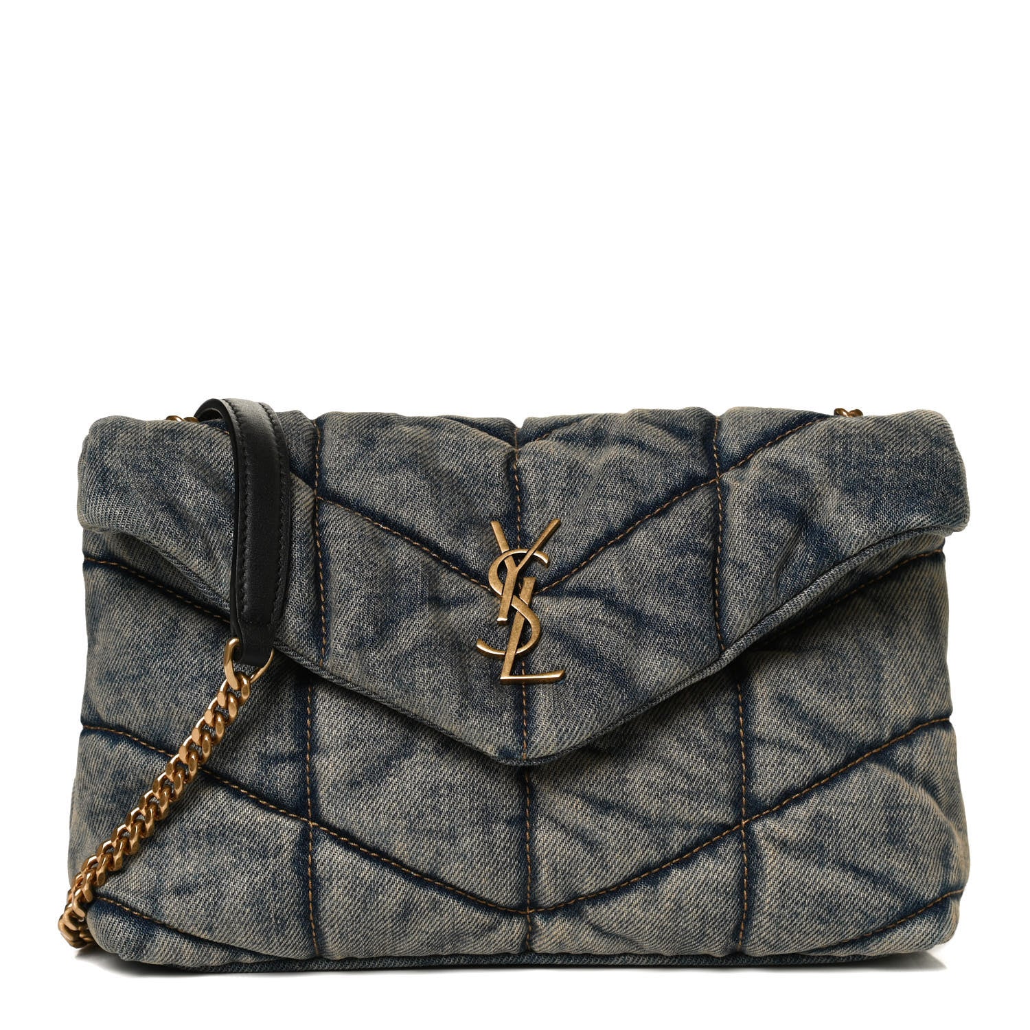 Saint Laurent Denim Quilted Toy Loulou Puffer Monogram Chain Satchel Blue Black 1 of 12
