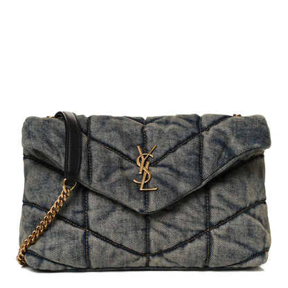 Saint Laurent Denim Quilted Toy Loulou Puffer Monogram Chain Satchel Blue Black 1 of 12