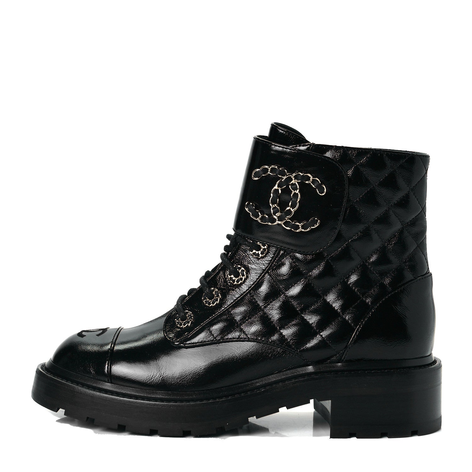Chanel Shiny Calfskin Quilted Lace Up Combat Boots 39 Black 1 of 9