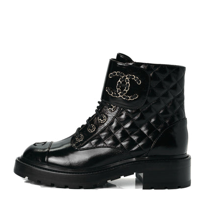 Chanel Shiny Calfskin Quilted Lace Up Combat Boots 39 Black 1 of 9