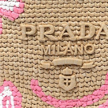 Prada Yarn Raffia Effect Crochet Embroidered Floral Small Logo Tote Naturale Petalo 8 of 11