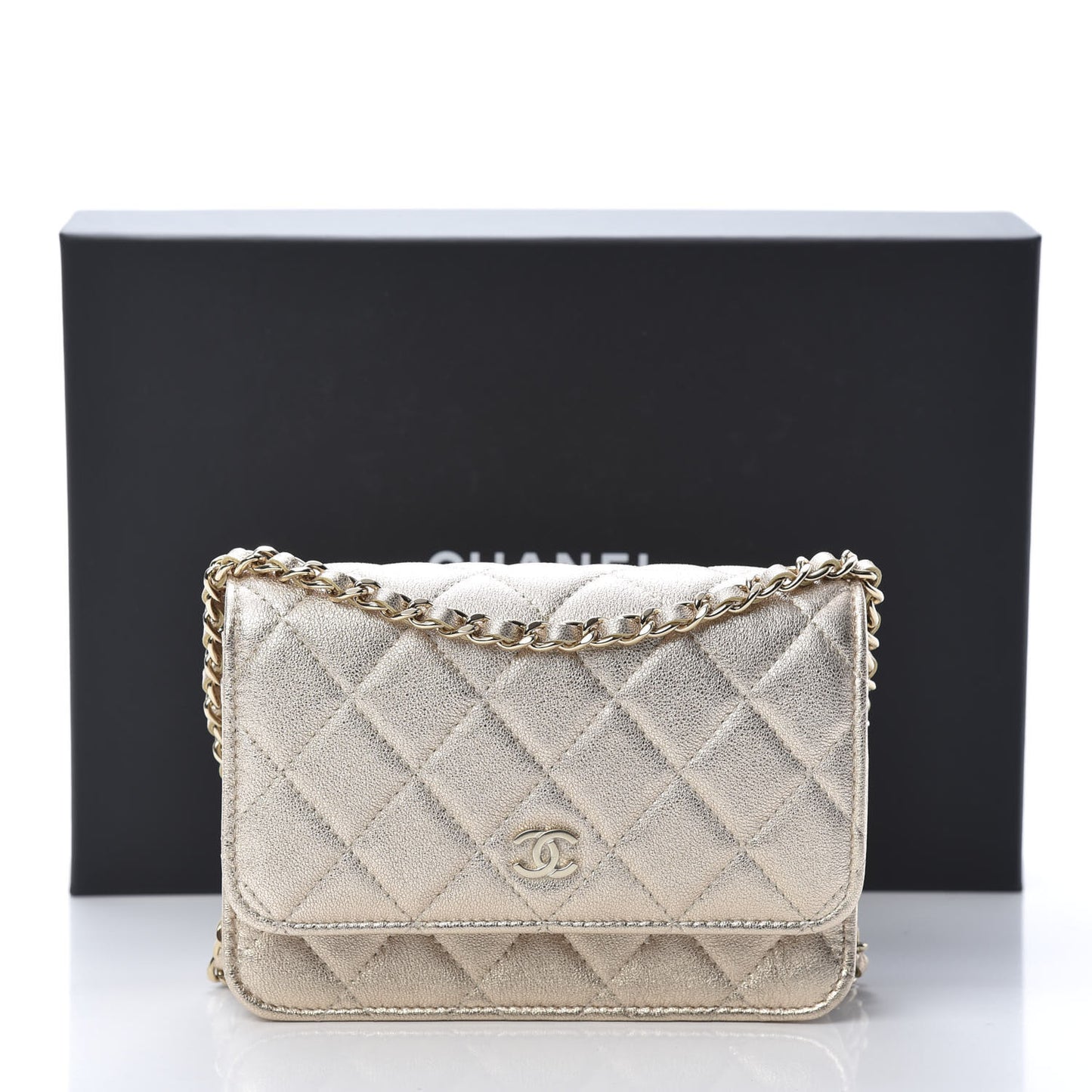 Metallic Lambskin Quilted Mini Wallet On Chain WOC Gold