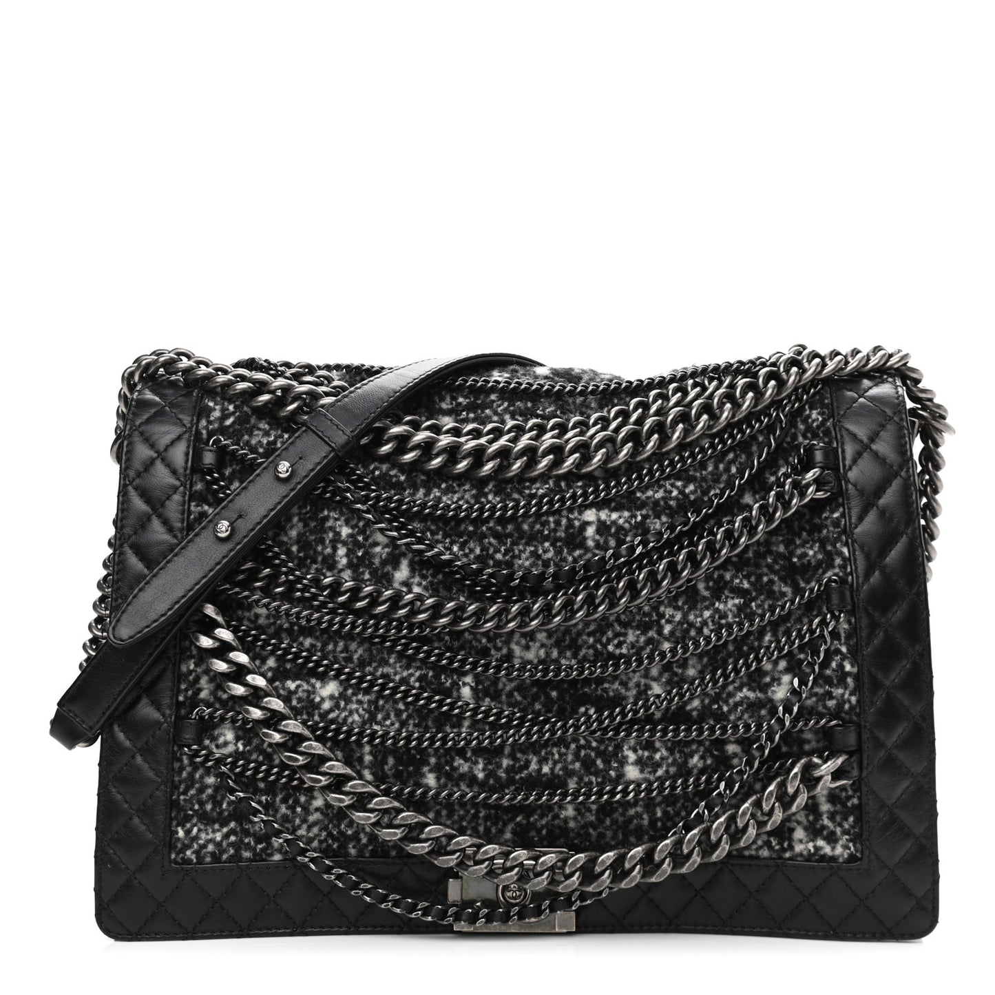 Calfskin Tweed Enchained XL Boy Flap Black